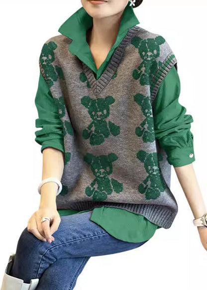 Green Knitted Vest Shirt Age Reducing Two Piece Set Autumn New