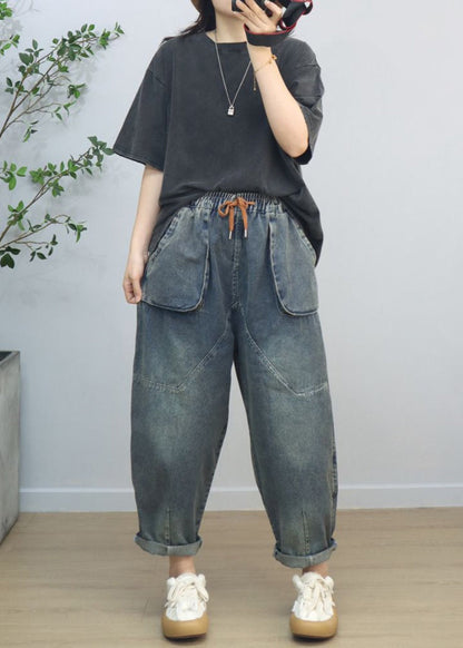 Blue Oversized Big Pockets Denim Harem Pants Spring