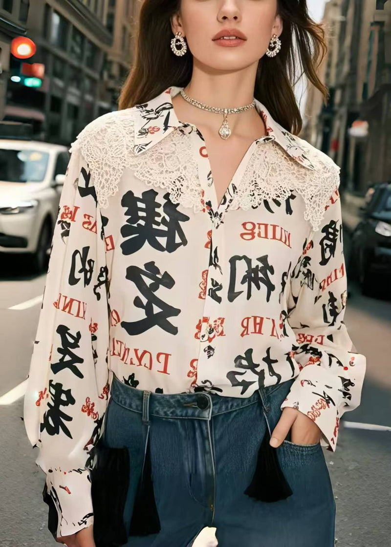 Apricot Print Patchwork Lace Shirt Top Spring