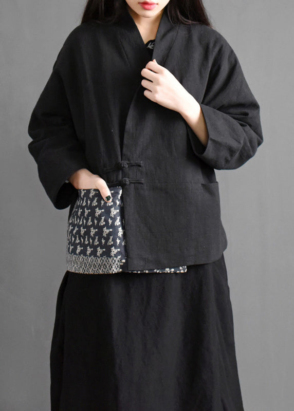 Black V Neck Pockets Patchwork Fine Cotton Filled Coat Batwing Sleeve