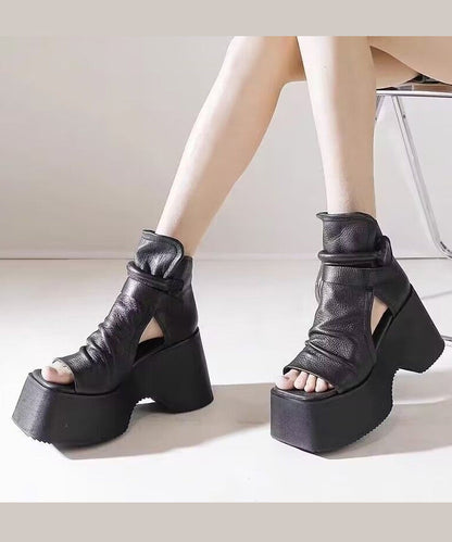 Black Cowhide Leather Splicing Platform Sandals Boots Peep Toe