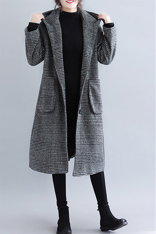 Woolen Coat Plaid Hooded Coat Mid-length Coat