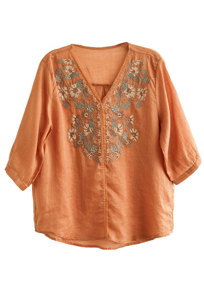 Orange V Neck Embroidered Linen Blouse Top Half Sleeve