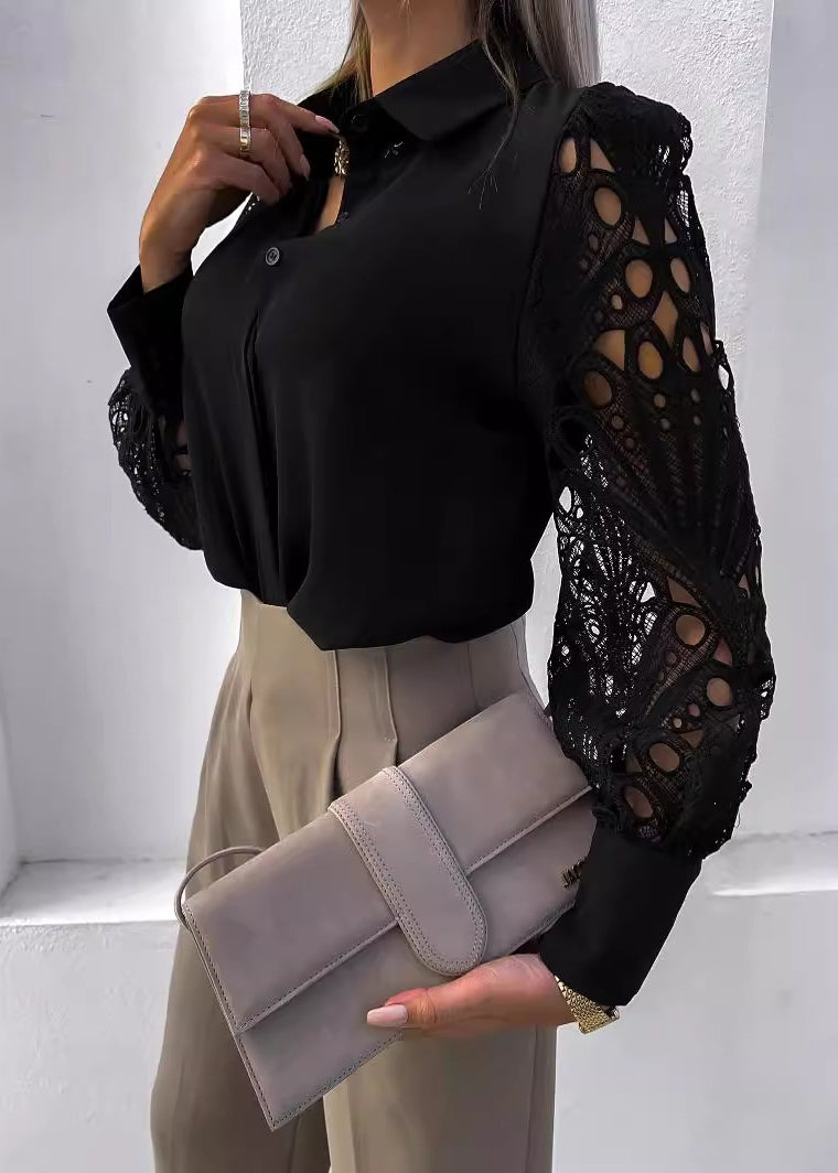 Style White Hollow Out Lace Patchwork Chiffon Shirt Tops Fall