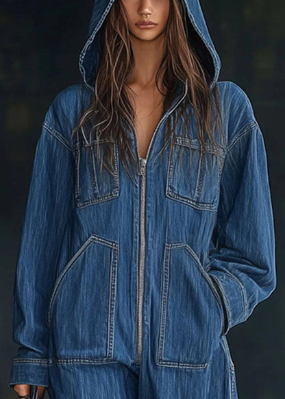 Black Hooded Zippered Patchwork Denim Jumpsuit Fall