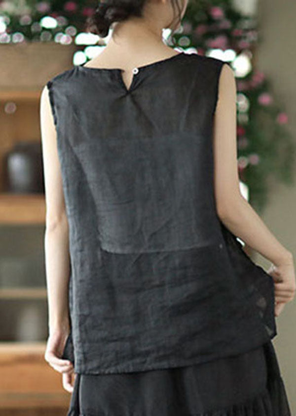 Black Embroidered Linen Tank Tops Sleeveless
