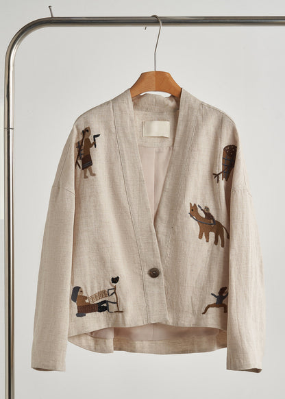Beige Embroidered Oversized Linen Coat Fall