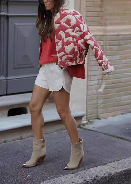 French Red Zip Up Pockets Fine Cotton Filled Short Jacket Winter