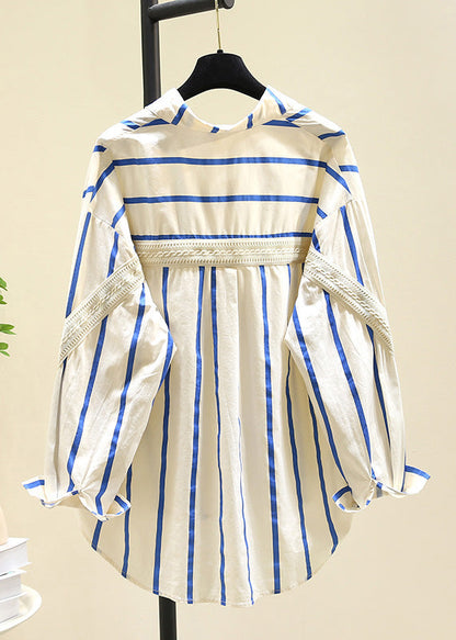 Black Peter Pan Collar Striped Cotton Blouse Top Fall