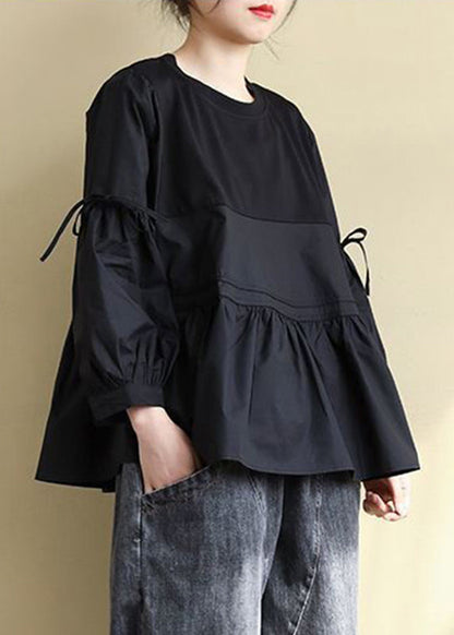 Black O-neck Low High Design Cotton Tops Long Sleeve