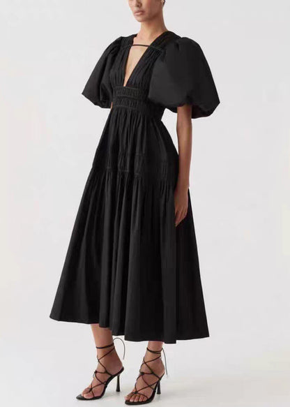Italian Pink V Neck Wrinkled Cotton Maxi Dress Puff Sleeve