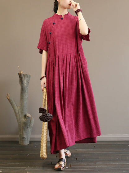 Pleated Plaid Chinese Style Dress