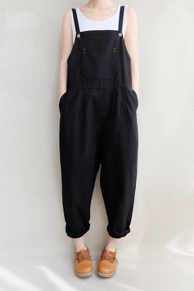 Leisure Cotton Jumpsuits Comfortable Dungarees Wide Leg Pants Overalls With Pockets