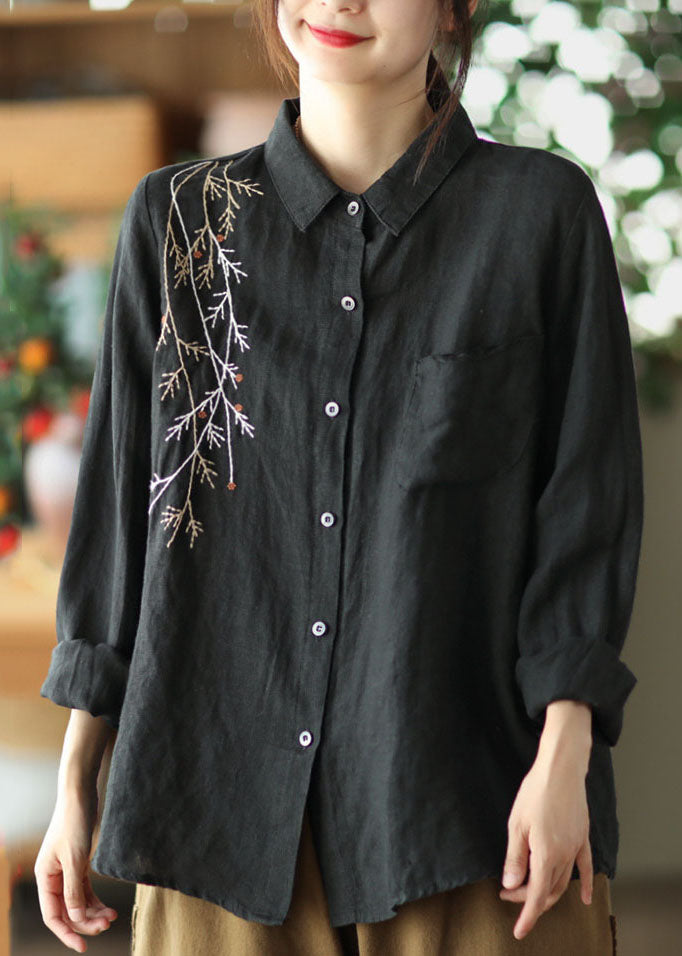 Red Peter Pan Collar Patchwork Linen Blouses Spring