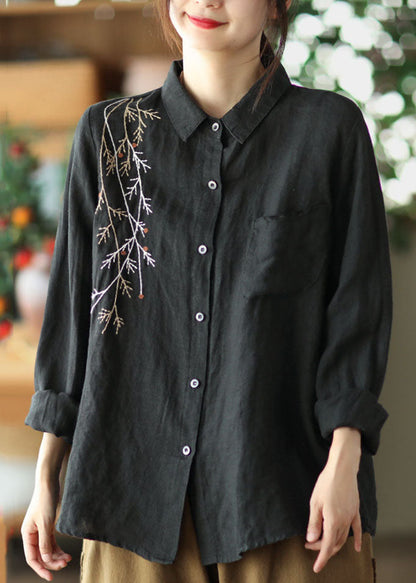 Red Peter Pan Collar Patchwork Linen Blouses Spring