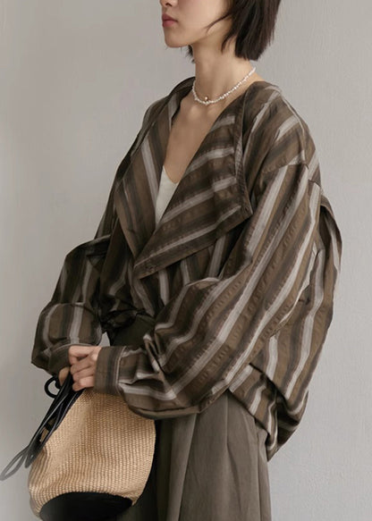 Coffee Striped Button Cotton Blouses Fall