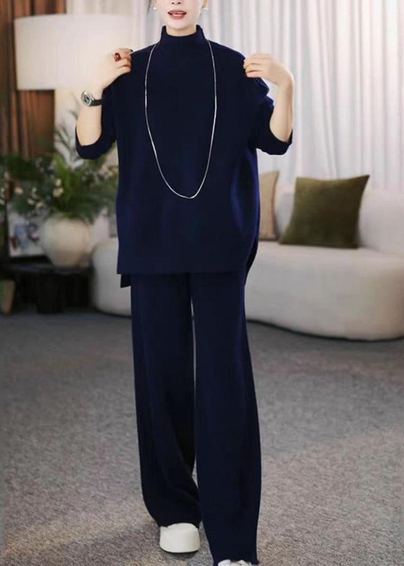 Loose Navy Turtleneck Cotton Knit Sweaters and Wide Leg Pants Two Piece Set Winter