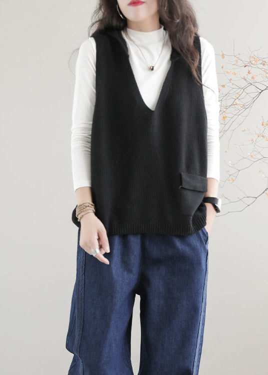 Khaki V Neck Hooded Knit Vest Sleeveless