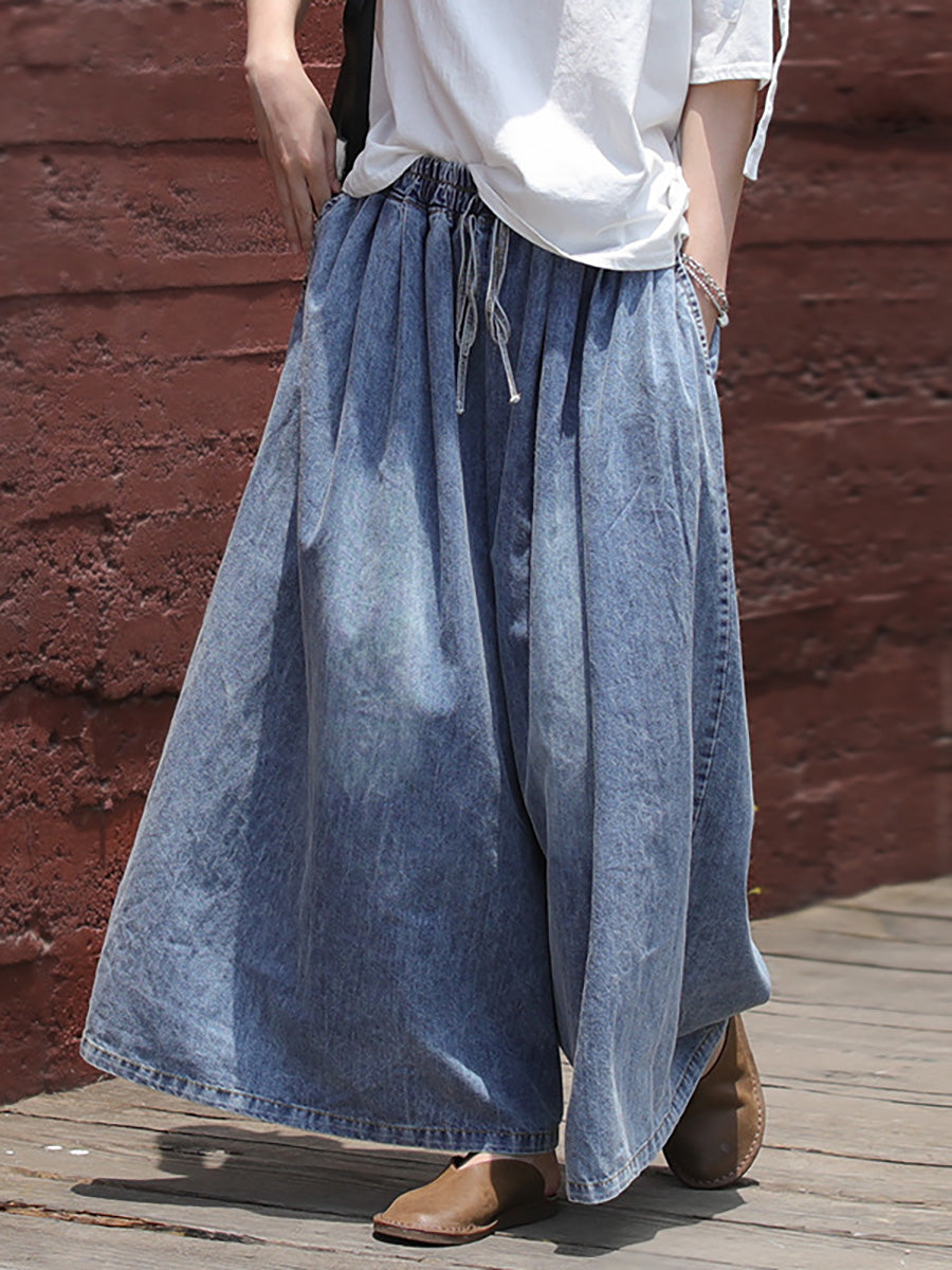 Drawstring Blue Denim Wide Leg Pants Jeans