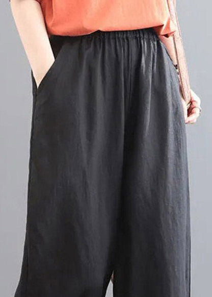 Black Embroidered Elastic Waist Harem Pants Summer