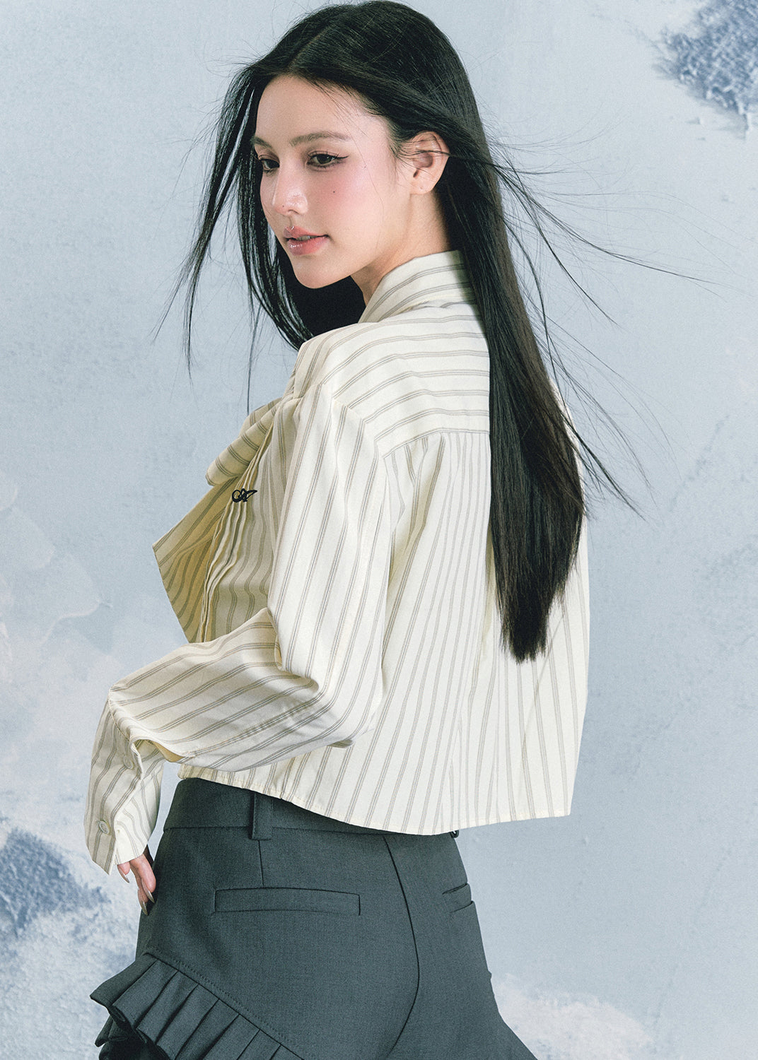 Light Yellow Bow Striped Patchwork Top Fall
