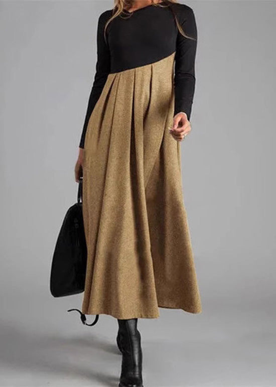 Grey Wrinkled Patchwork Woolen Long Dress Spring