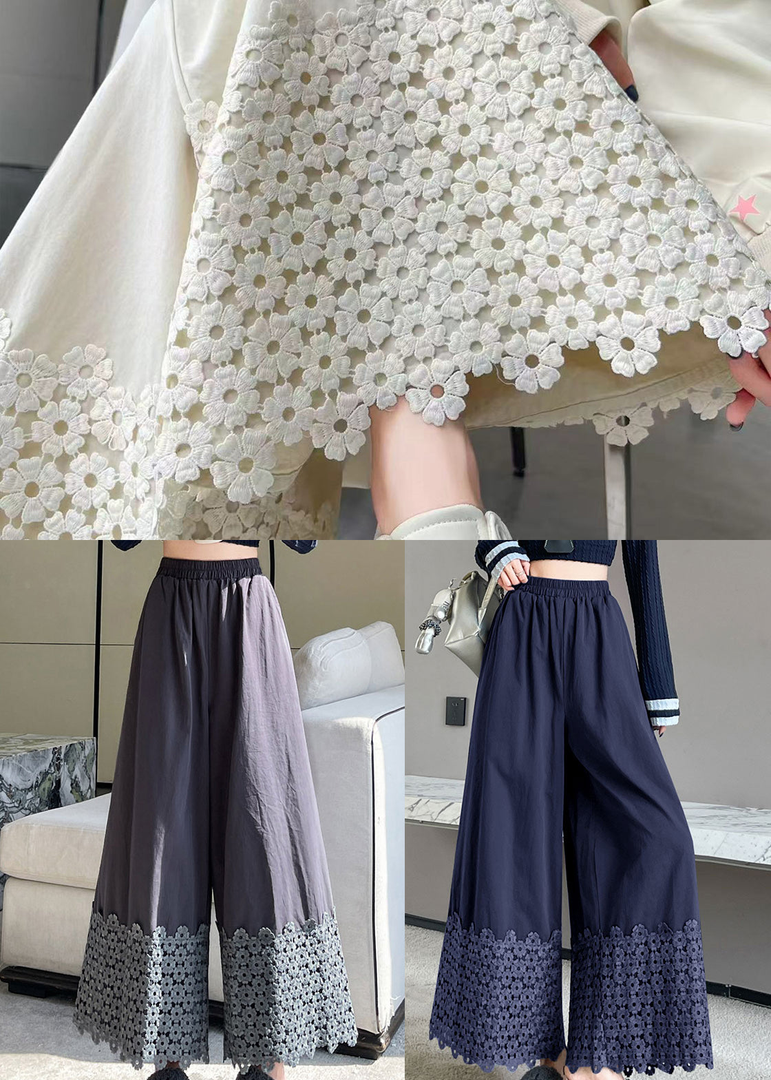 Grey Patchwork Cotton Wide Leg Pants Fall
