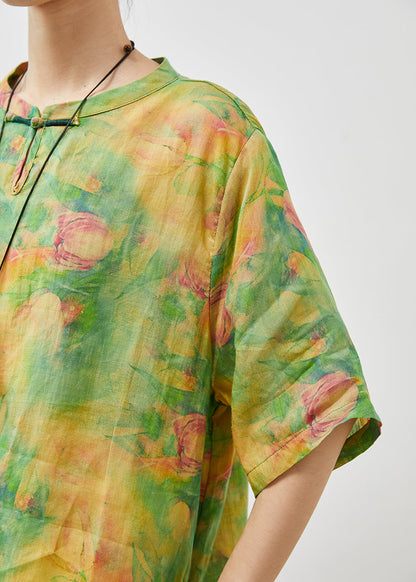 Green Tie Dye Linen Oriental Dress Summer