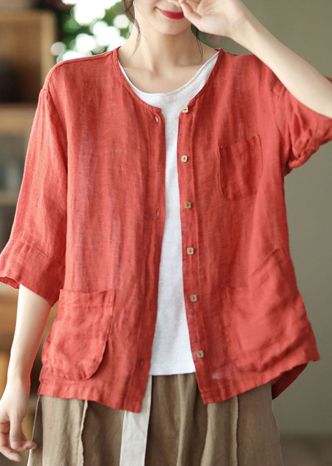 Red O-neck Pockets Linen Loose Cardigans Half Sleeve