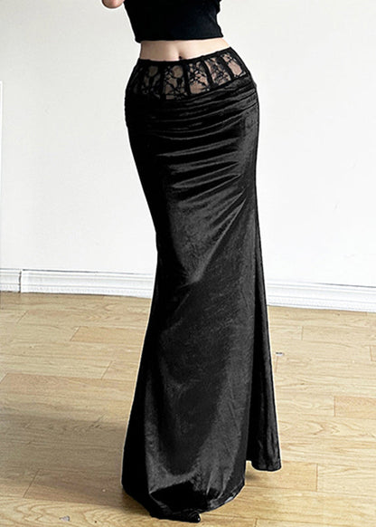Black Silm Fit Silk Velvet Wraped Skirt Spring
