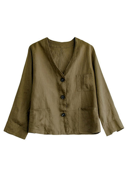 Chocolate V Neck Patchwork Button Linen Shirt Long Sleev