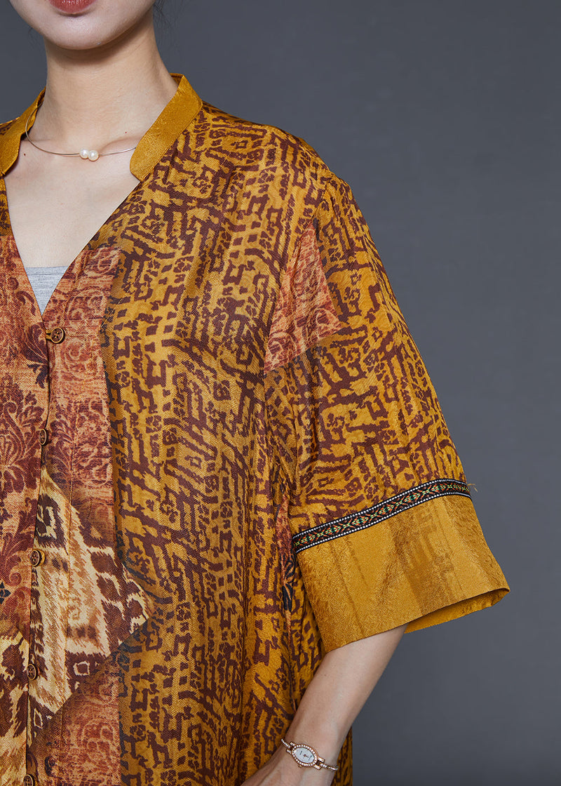 Golden Oversized Print Silk Vacation Dress Summer