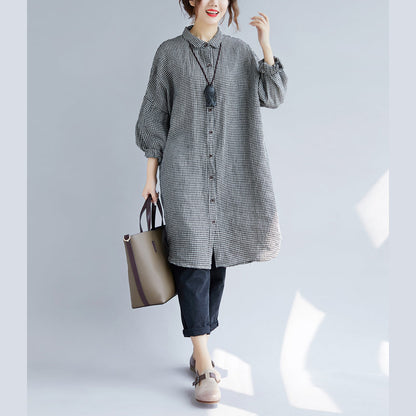 Stylish Black Plaid Cozy Cotton T Shirt Oversize Turn-down Collar Cotton Blouses Fine Long Sleeve Tops