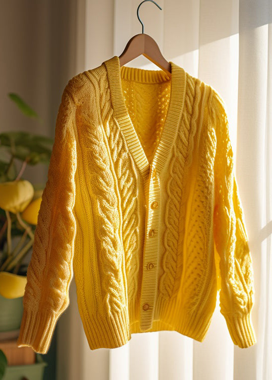 Yellow Hollow Out Button Knit Cardigans Fall