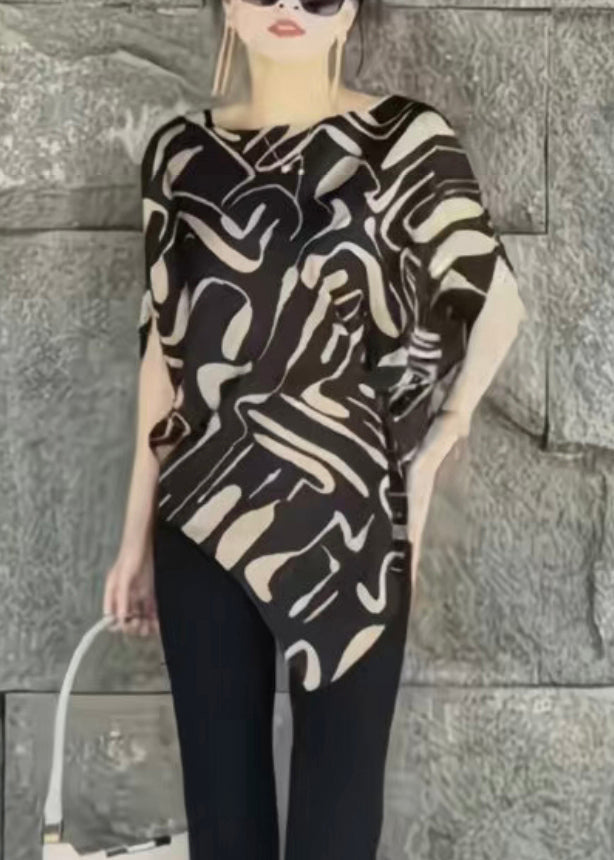 Beige Asymmetrical Print Cotton Blouse Tops Summer