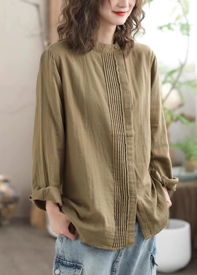 Loose Khaki Stand Collar Wrinkled Cotton Shirts Top Spring