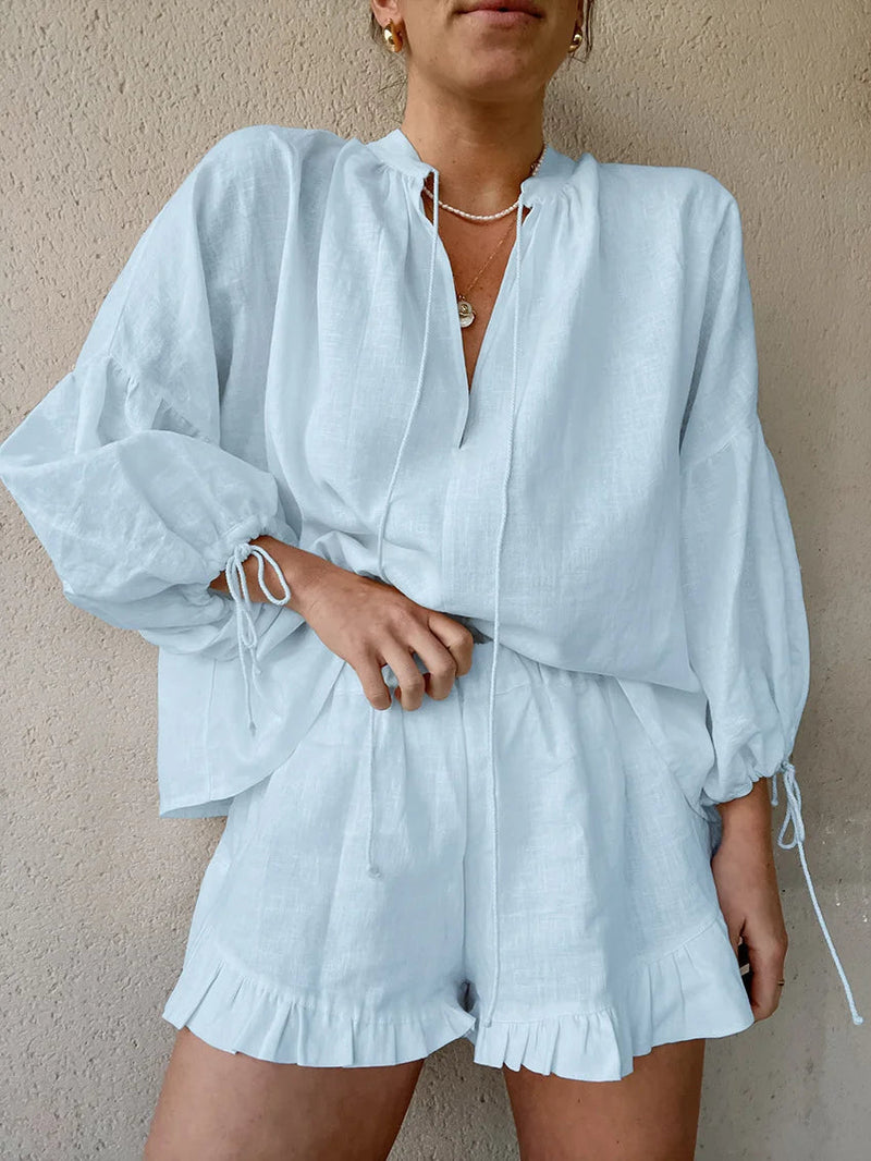 Lantern Sleeve Top Shorts Cotton and Linen Two-piece Set