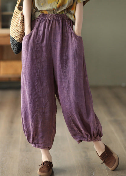 Retro Purple Elastic Waist Ramie Lantern Pants Summer
