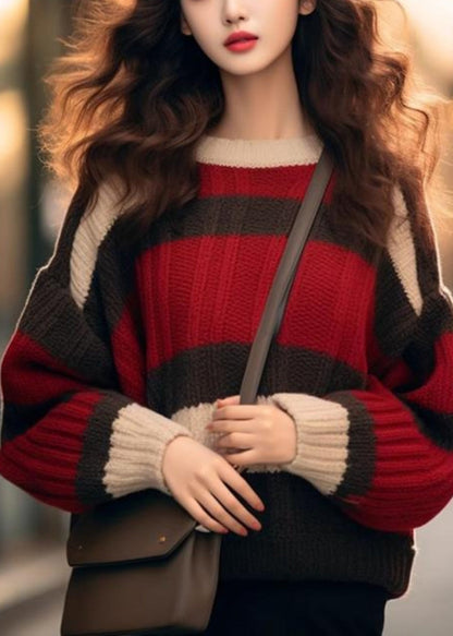 Red Striped Cozy Patchwork Knit Sweater Winter