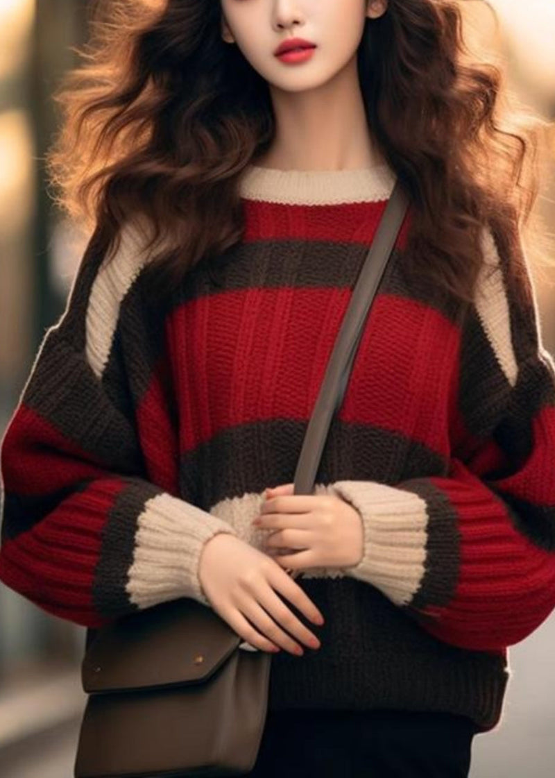 Red Striped Cozy Patchwork Knit Sweater Winter