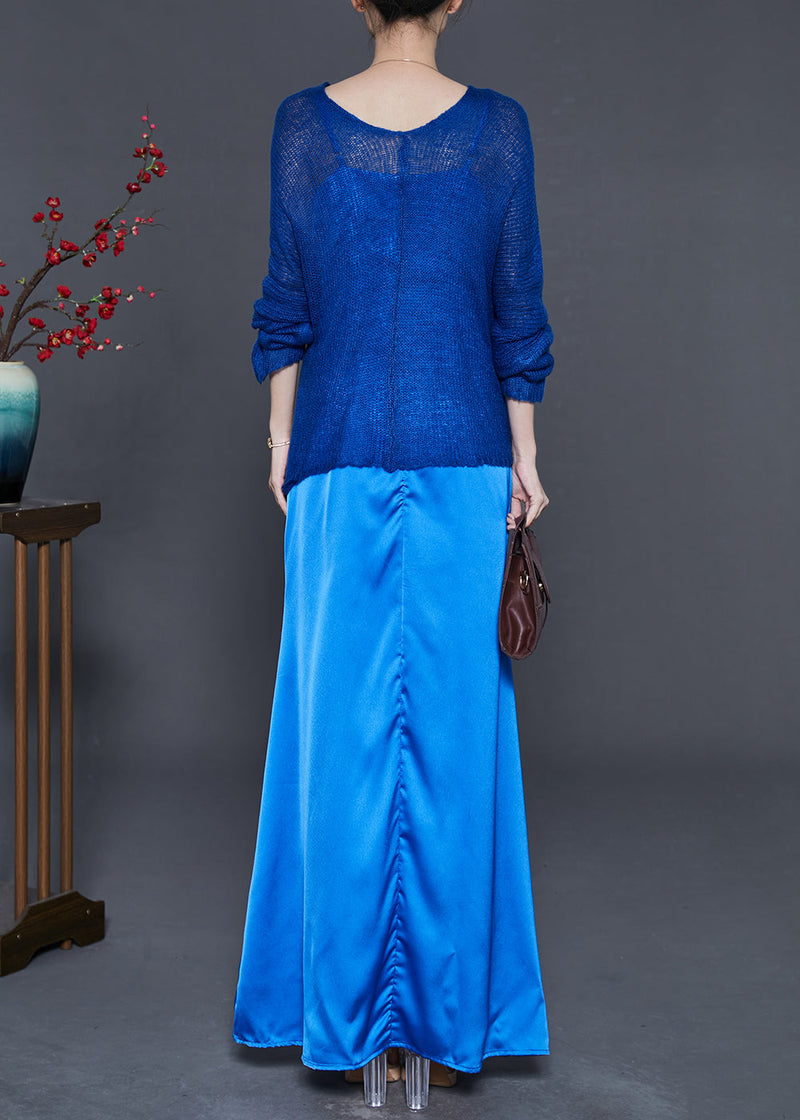 Blue Asymmetrical Design Knit Tops and Dresses Two Piece Suit Set Fall