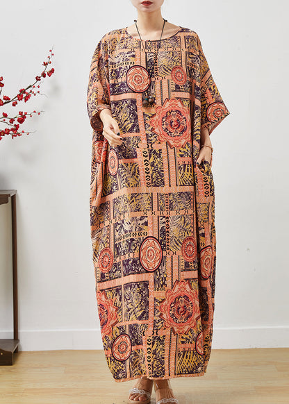 Orange Oversized Print Cotton Vacation Dress Summer