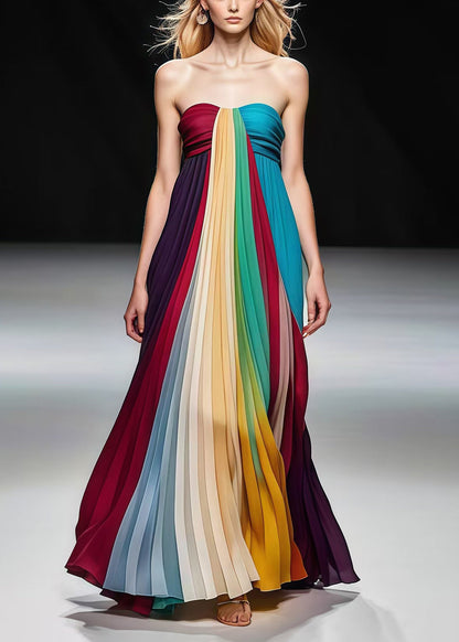 Multicolor Bustier Top Backless Chiffon Full Pleated Dress Summer