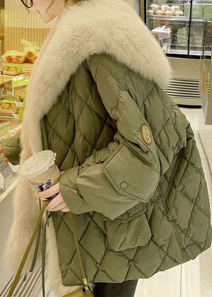 Green Fur Collar Oversized Duck Down Puffers Jackets Winter