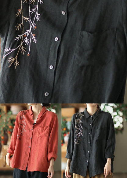 Red Peter Pan Collar Patchwork Linen Blouses Spring