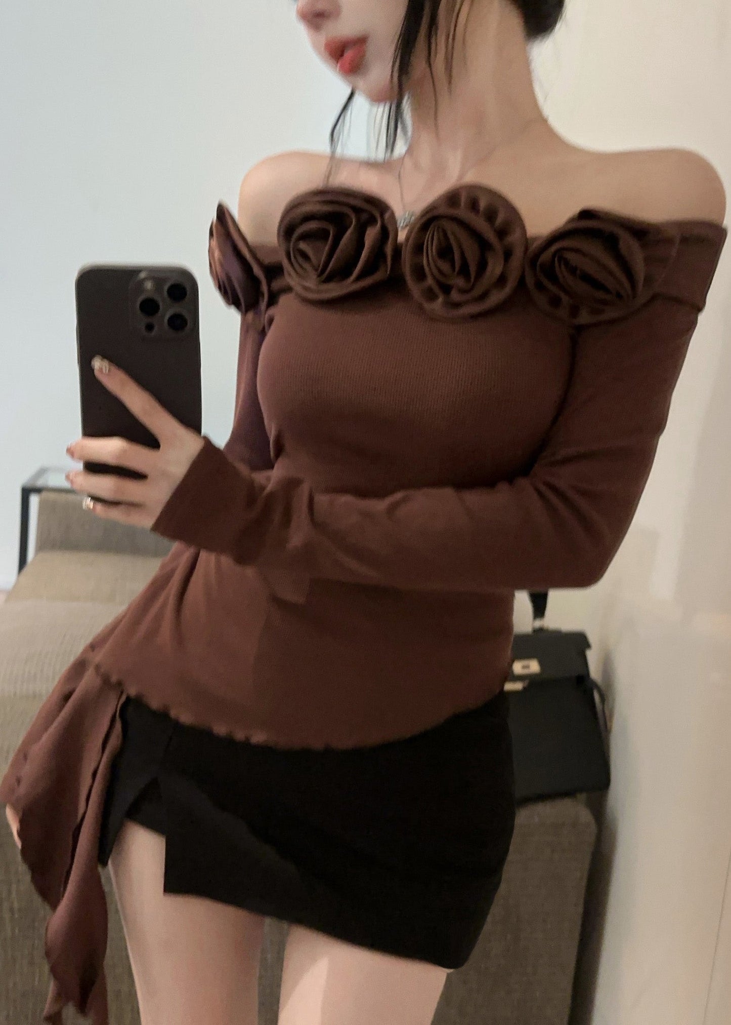 Slim Fit Coffee Asymmetrical Top Spring