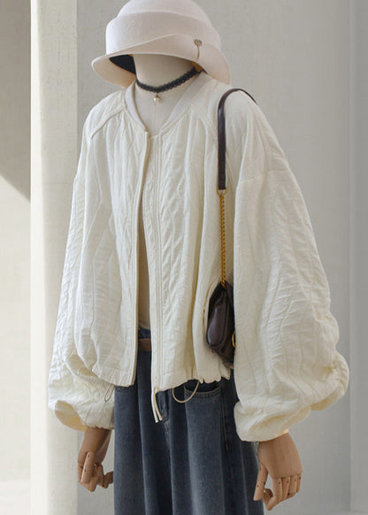 Beige Zip Up Drawstring Loose Cotton Jackets Lantern Sleeve