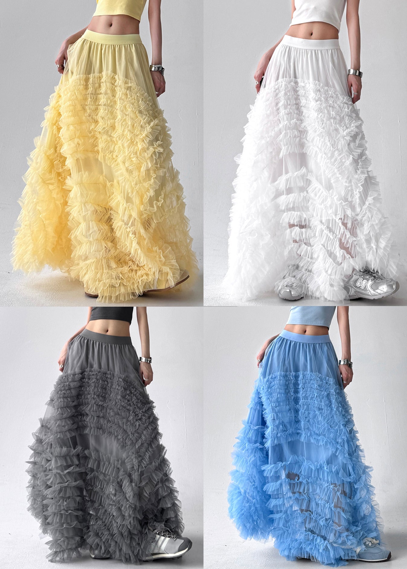 White Wrinkled Tulle a Line Skirts High Waist