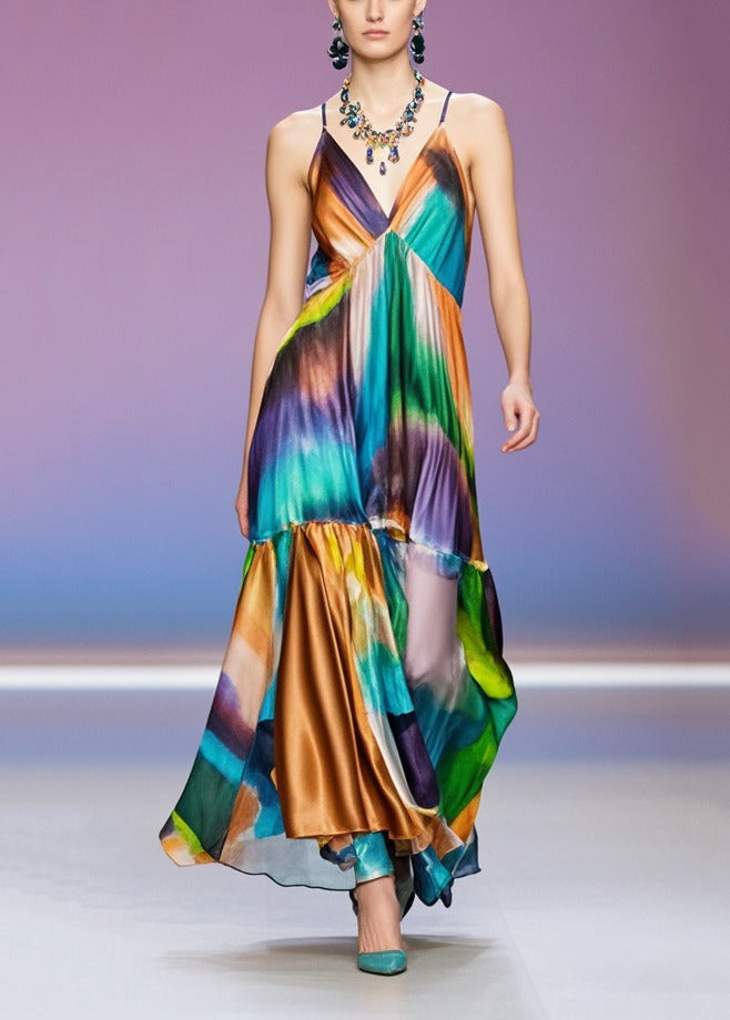 V Neck Print Silk Spaghetti Strap Beach Dress Summer