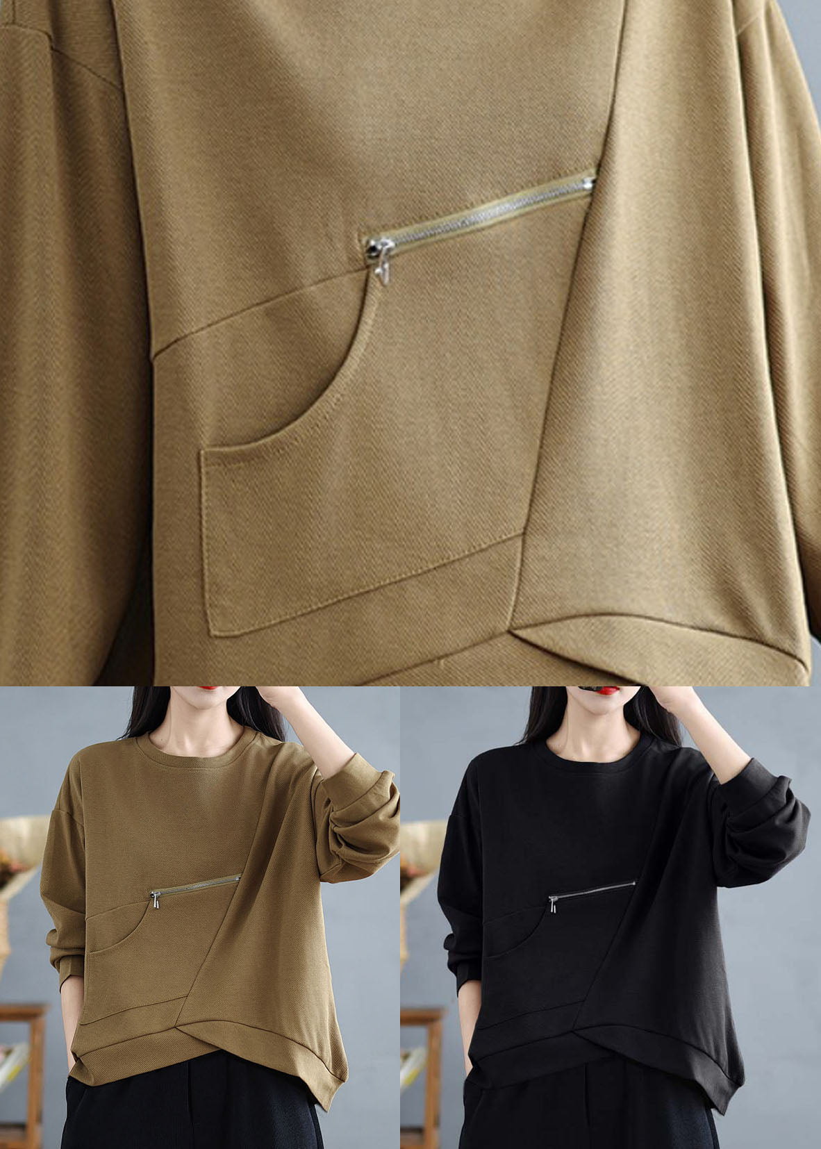 Black Pockets Patchwork Cotton Top Zip Up O-neck Spring